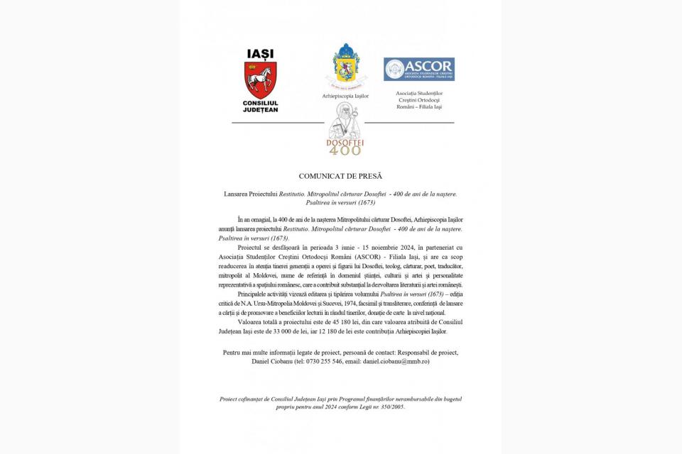 Comunicat de presă - Lansarea Proiectului Restitutio. Mitropolitul cărturar Dosoftei - 400 de ani de la naștere. Psaltirea în versuri (1673)