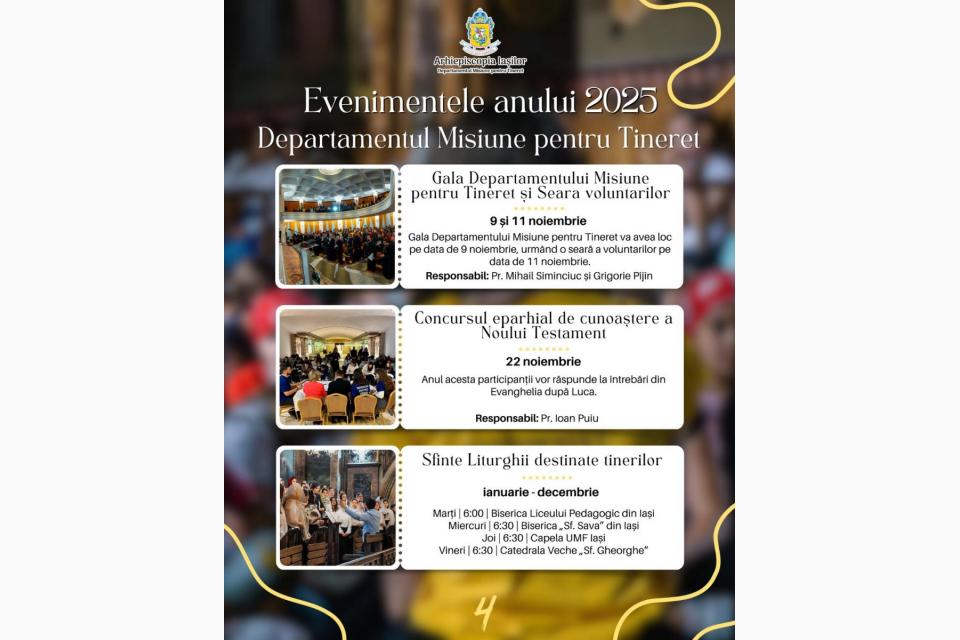 Calendarul de evenimente al Departamentului Misiune pentru Tineret al Arhiepiscopiei Iaşilor
