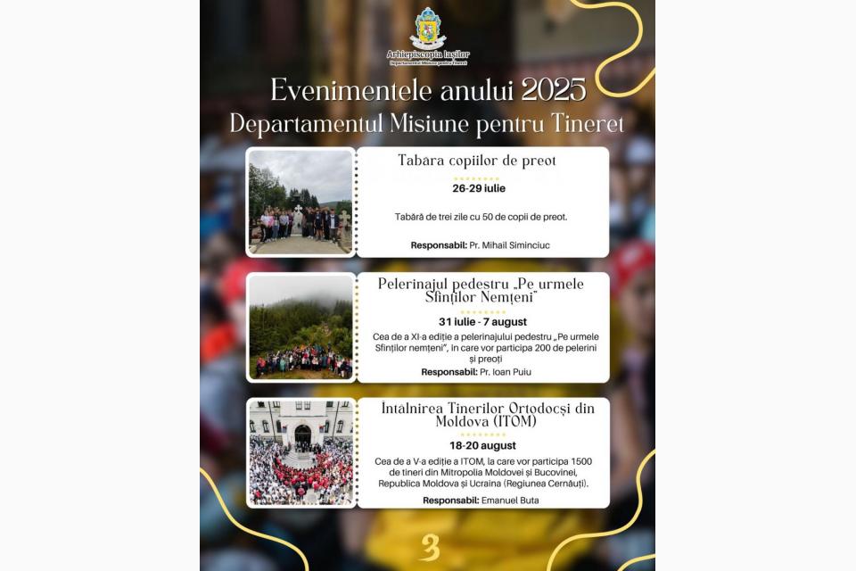 Calendarul de evenimente al Departamentului Misiune pentru Tineret al Arhiepiscopiei Iaşilor