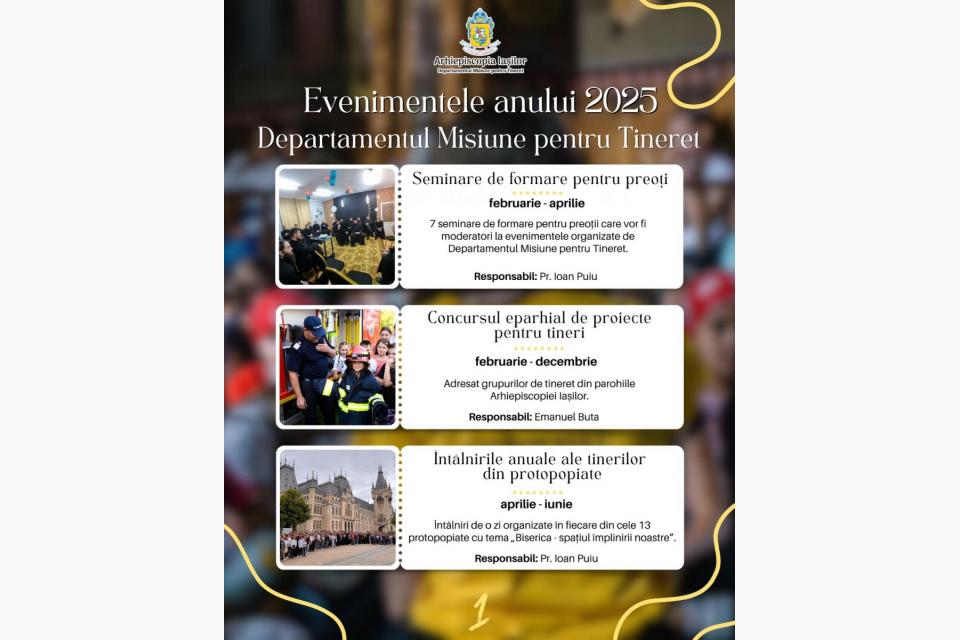 Calendarul de evenimente al Departamentului Misiune pentru Tineret al Arhiepiscopiei Iaşilor
