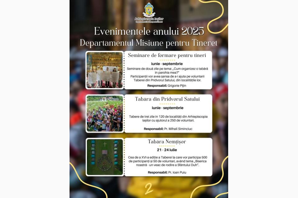 Calendarul de evenimente al Departamentului Misiune pentru Tineret al Arhiepiscopiei Iaşilor