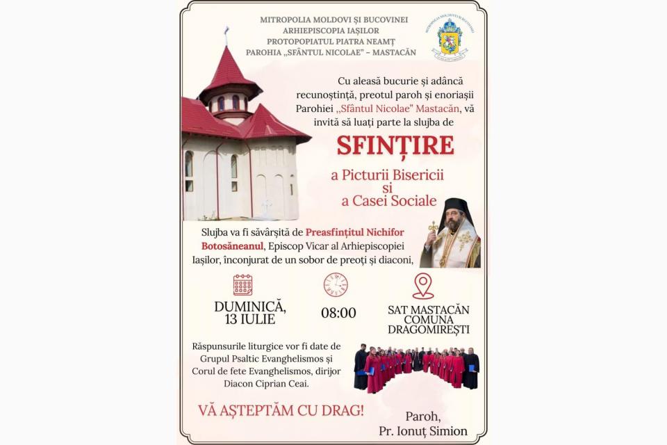 Evenimente care vor avea loc în Arhiepiscopia Iaşilor, în perioada 13-19 iulie 2025